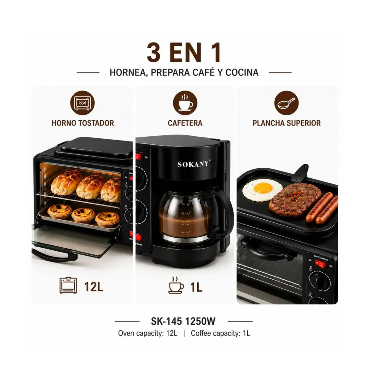 🍳 HORNO ELÉCTRICO 3 EN 1 CON CAFETERA Y PARRILLA